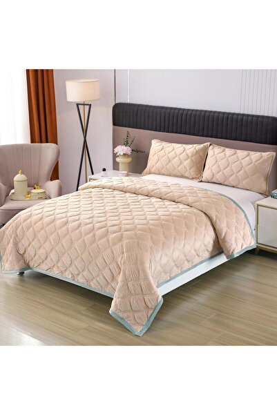 Truva Home Velvet Bedspread with Ruffled 220x240 cm + 2 Pillow 50x70 cm