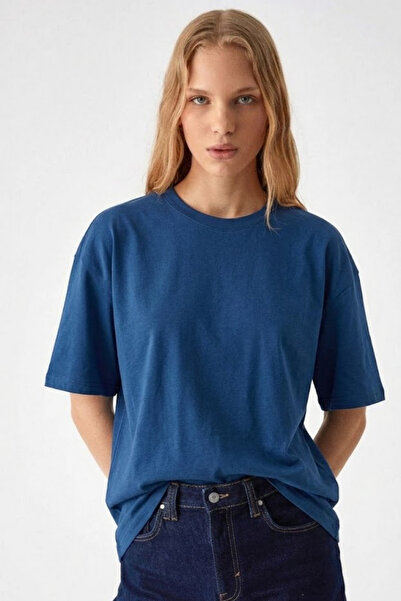 COMBİNE MİCHAİL Γυναικείο T-shirt με λαιμόκοψη Crew σε μπλε χρώμα oversized