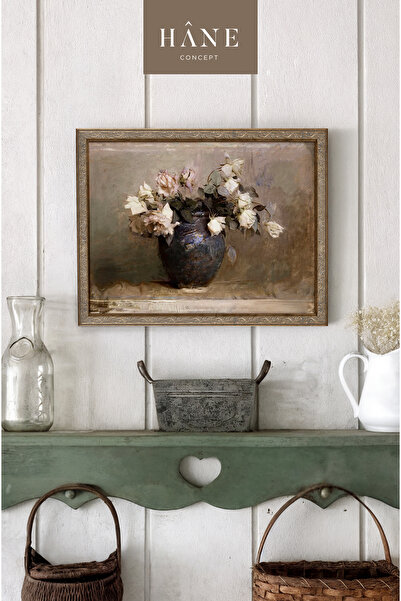Hane Concept Klasik Çiçek Vazolu Tablo – Vintage Stil Zarif Duvar Dekoru