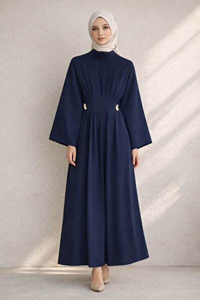 Kirazgym Women's Mock Neck Pleated Hijab Dress Yan Gold Buckle Detail , Styli...