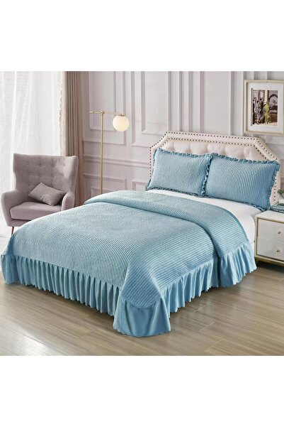 Truva Home Velvet Double Bedspread with Ruffled , 220x240 cm + 2 Pillow 50x70 cm