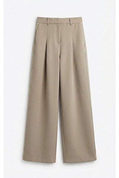 Quzu 1567 Pocketed Striped Front Pleated Pants-Beige