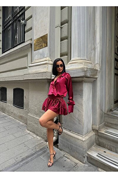 Stil Sepeti Women's Burgundy Pleated Skirted Skirted Dress K Belt I g Shirt D...
