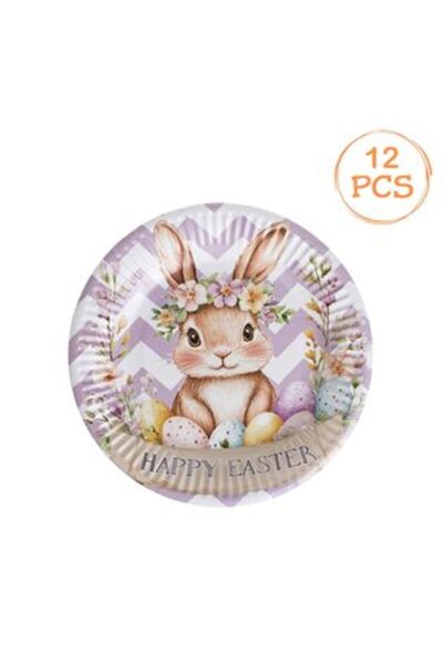SHOPIENS Farfurii de petrecere din carton alb liliac cu model de ouă de iepur...