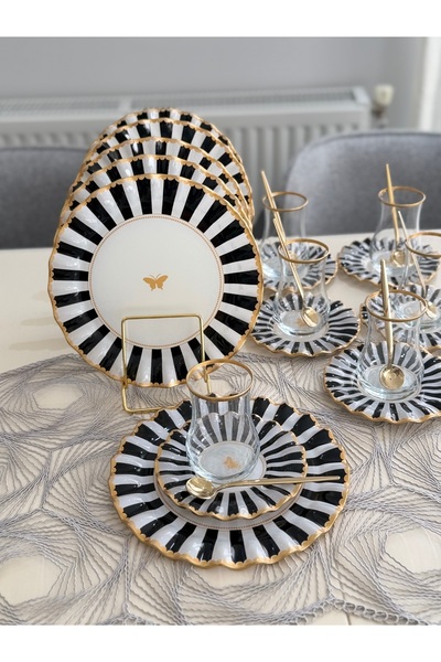 moontime alaçatı 6 Kişilik 24 Parça Siyah Kelebekli Lüks Cam Çay Seti