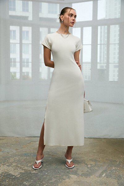 GRIMELANGE Popart Women's Soft and Stretchy Fabric Long White Dress with Crew...