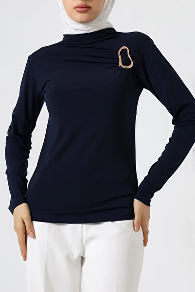 Potenza Women's Blouse with Gold Buckle Detail, Gathered Long Sleeves, Sandy ...