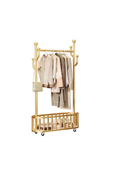 FOXMAG24 Floor coat rack with storage space, on wheels, Gold, 80x32x173cm