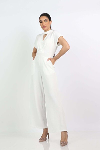 Nichii Women's Plain Open-Chest Short-Sleeve Jumpsuit