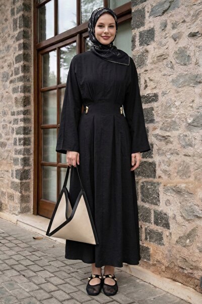 InStyle Black Belted Dress with Gold Brooch Modal