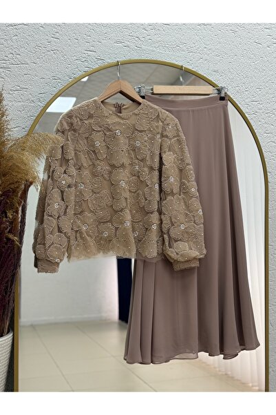 MİHRA STORE Hacer Taşlı Güllü Etekli Tül Takım-GE799 Vizon