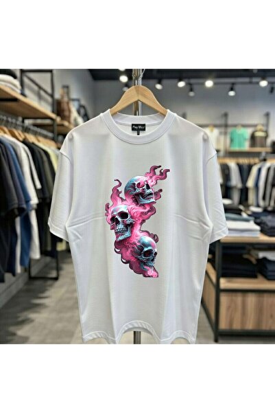 playwear Μπλουζάκι με στάμπα ροζ τριών κρανίων, 100% βαμβακερό, oversized, χα...