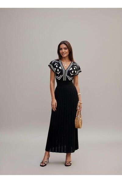 Sea Style Γυναικείο μαύρο φόρεμα Με σχέδιο Πλεκτό Φόρεμα με λαιμόκοψη V και π...