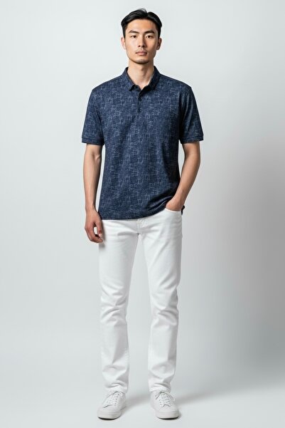 KAMER Men's Modern Fit Shirt Collar Tek Pocketed D Patterned Navy Blue T-Shir...