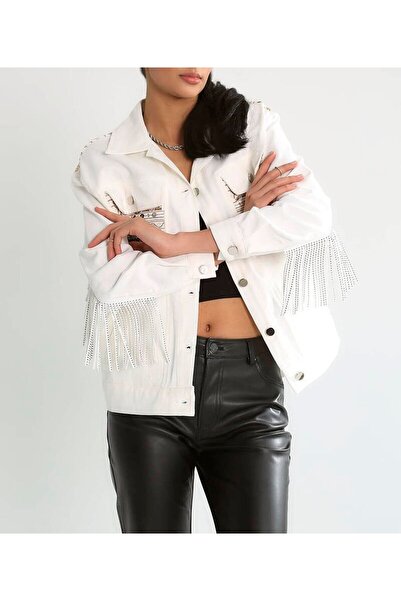 Lavanta Tekstil Designer Sleeves Tasseled Ethnic D Patterned Ecru Women's Jacket