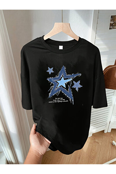 Let's Wear Yıldız Kot Kumaş cu imprimeu bumbac 100% % u B guler rotund i Tric...