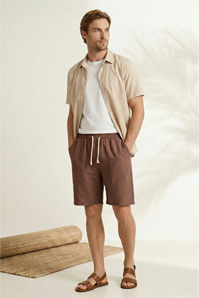 Sizce Moda Men's Brown 100% Cotton Linen Muslin Shorts Comfortable Fit Summer...