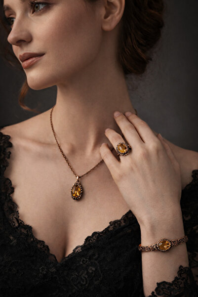 OSMANLI GÜMÜŞ Women's Copper Necklace Bracelet Ring Set - Zultanite Stone Tre...