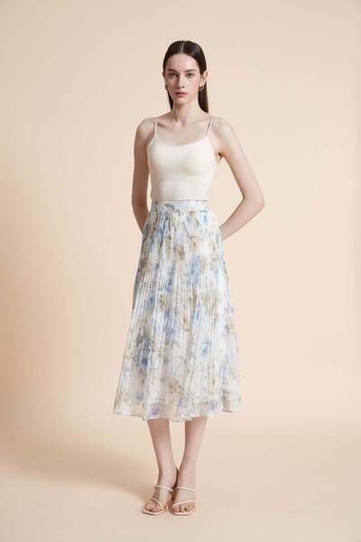 Yola Wide Patterned Pleated Midi Skirt