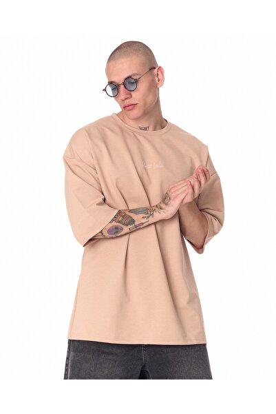 martin valen Men's Minimalist Chest Printed Beige Oversized T-Shirt