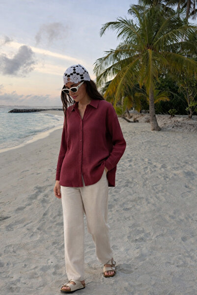 COMBİNE MİCHAİL Дамска ленена рокля с бордо цвят и свободна кройка