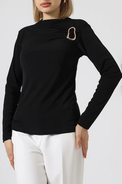 Potenza Women's Blouse with Gold Buckle Detail, Gathered Long Sleeves, Sandy ...