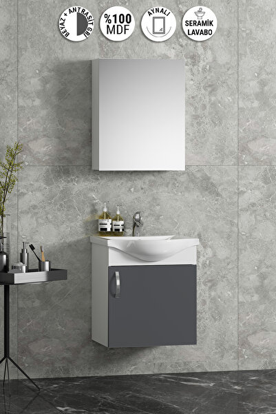 ÖZCEDEN Yıldız 45 cm Beyaz-Antrasit Gri Mat MDF Seramik Lavabolu Asma Banyo A...