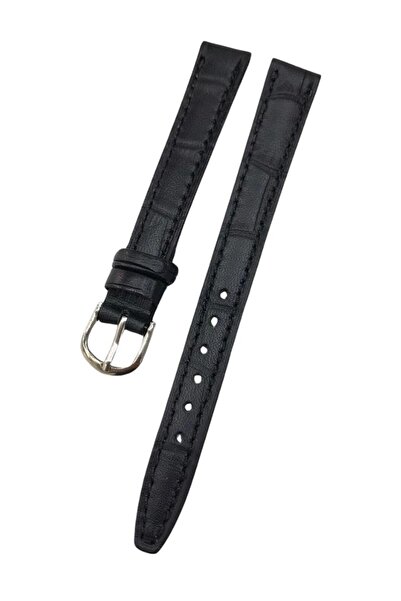 MercanSaat 12 mm Black Stitched Crocodile Print Genuine Leather Watch Band