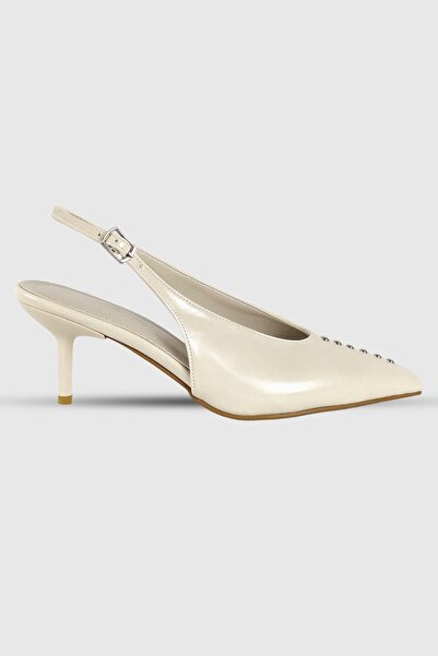 Modezya Nancy Beige Raschel Troc Pointed Toe Women's Heeled Shoes