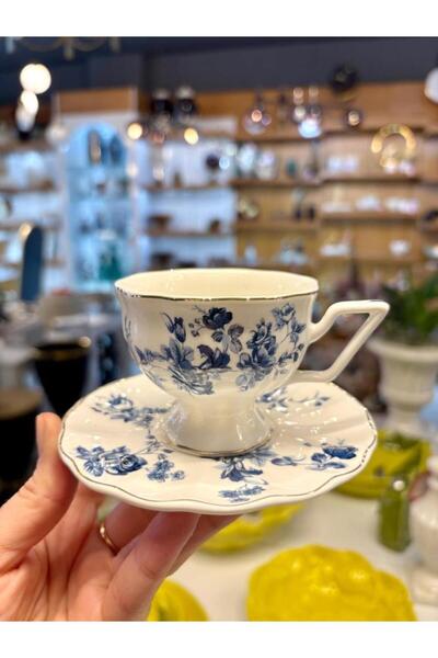 moontime alaçatı Mavi Çiçekli 2 Kişilik Türk Kahvesi Fincanı Takımı