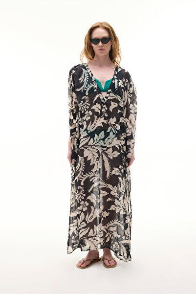 Mudo Women's Black Printed Oversize Long Dress with Sleeve Detail