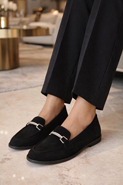 MODAONN حذاء نسائي أسود كلاسيكي بأكسسوارات معدنية كاجوال حذاء لوفر