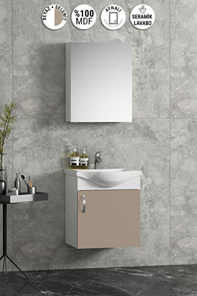 ÖZCEDEN Yıldız 45 cm Beyaz-Selenit MDF Seramik Lavabolu Asma Banyo Dolabı Takım