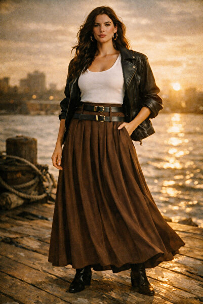 ETİKAFASHION AVORA1987 PİLE DETAYLI KAHVERENGİ KEMERLİ ETEK