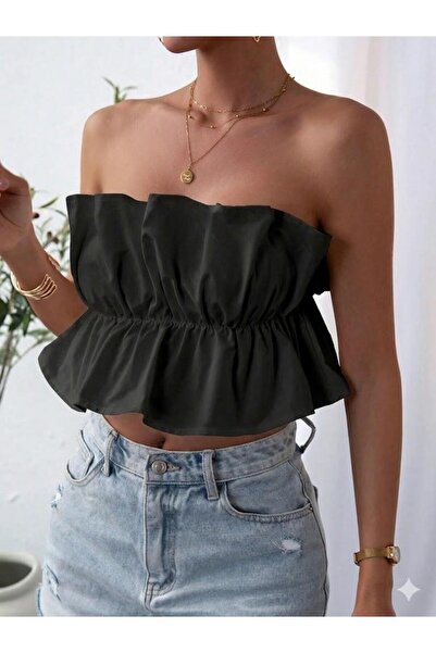 Afri قميص صيفي تفاصيل كشكش بدون حمالات أسود - أنيق وعصري بقصة قصيرة