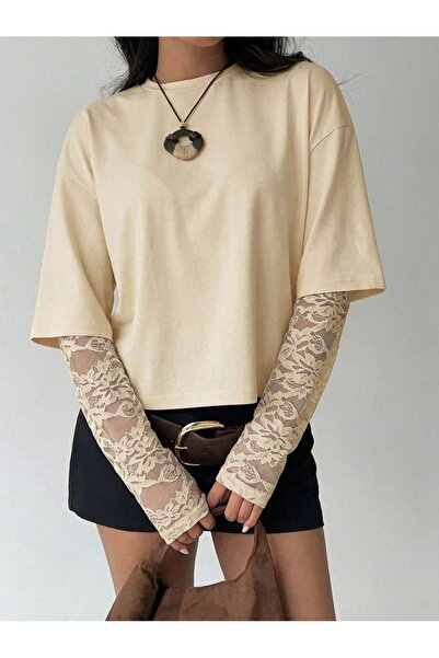 MOONBULL Ženski rukavi Čipka Detaljni Oversize kroj T-shirt