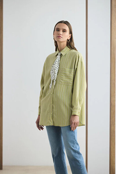 Lale Butik Kadriye Baştürk Oversized Striped Shirt 210 Olive Green
