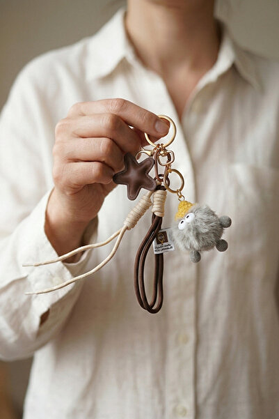 Elika Silver Brown Plush Keychain Star Detailed Bag Charm, Keychain