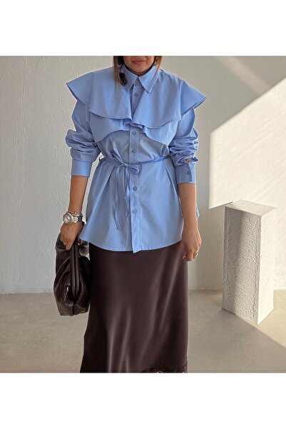 Lavanta Tekstil Μπλε ρετρό πουκάμισο με Λεπτομέρεια γιακά κορδόνια στη μέση