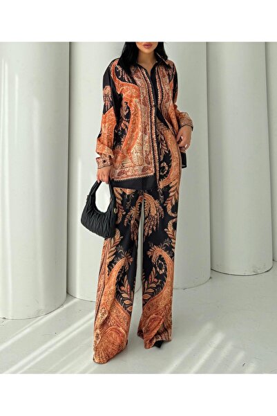 Lavanta Tekstil Orange Design Ethnic Patterned Satin Shirt and Trouser Set