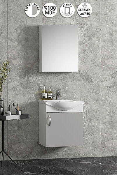 ÖZCEDEN Yıldız 45 cm Beyaz-Sis Gri MDF Seramik Lavabolu Asma Banyo Alt Dolabı