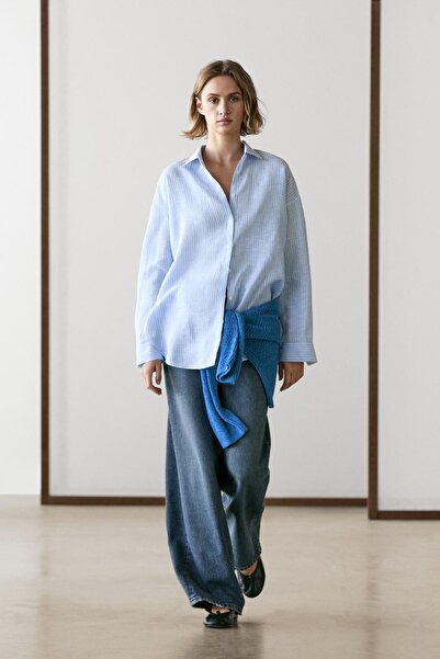 Massimo Dutti Dökümlü çizgili %100 keten gömlek