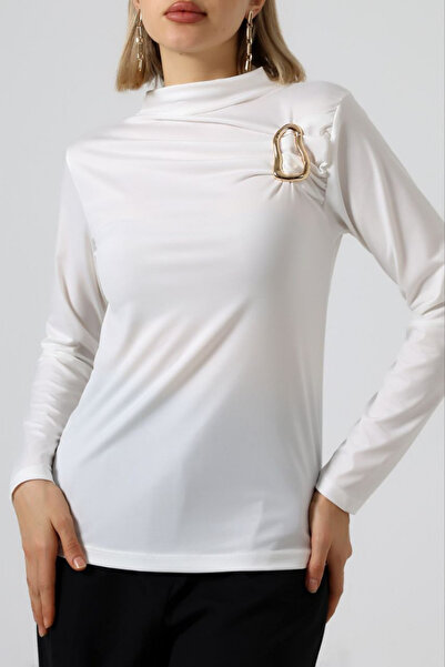 Potenza Women's Blouse with Gold Buckle Detail, Gathered Long Sleeves, Sandy ...