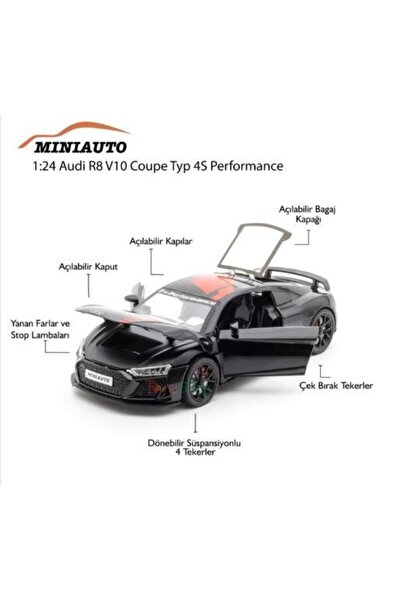 Mini Auto Mınıauto Audi R8 Siyah 1:24 Metal Çek Bırak Kapıları Açılan Sesli I...