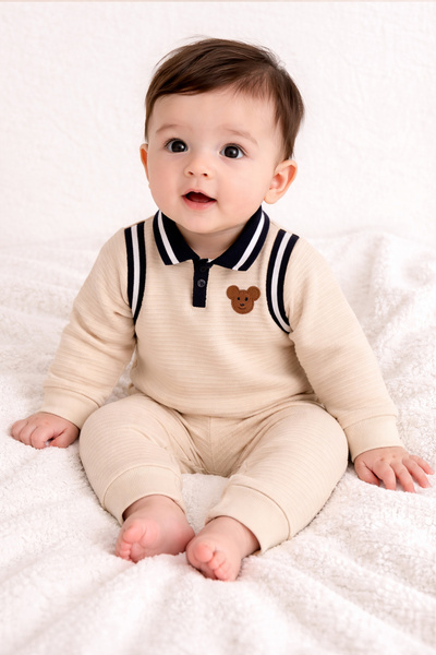 Stylein Baby Boy Ribbed Polo Sweatshirt & Pants Set – Black/Beige