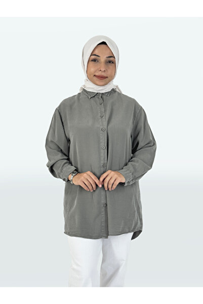 ay she guls Tensel Kumaş Düğmeli Uzun Tesettür Gömlek