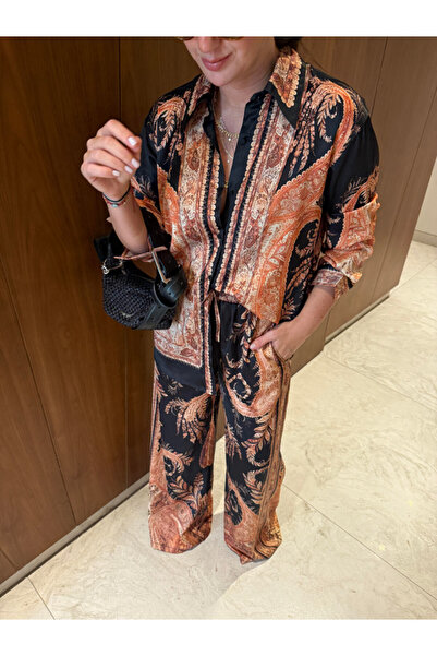 Lavanta Tekstil Set de pantaloni și cămașă din satin Orange Design cu imprime...