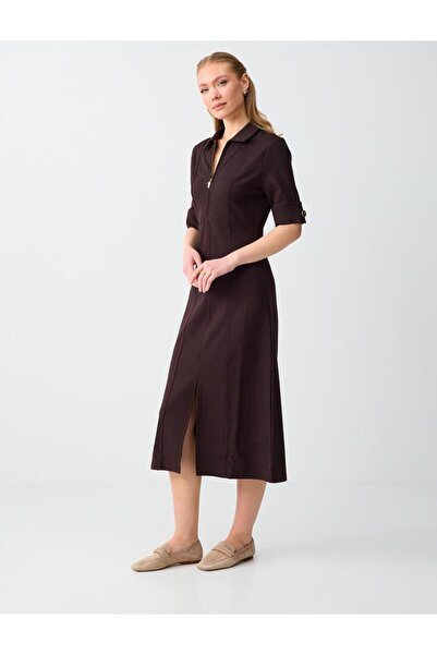 Jimmy Key Acı Kahve Polo Yaka Dirsek Kol Örme Midi Elbise