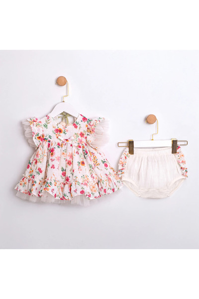 Momercy Kız Bebek Çiçek Baskılı Lale Detaylı Elbise