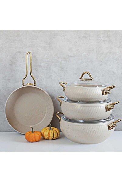 moontime alaçatı طقم قدور جرانيت هيرا 4 قطع كريمي K-590، أدوات مطبخ أنيقة ومتينة